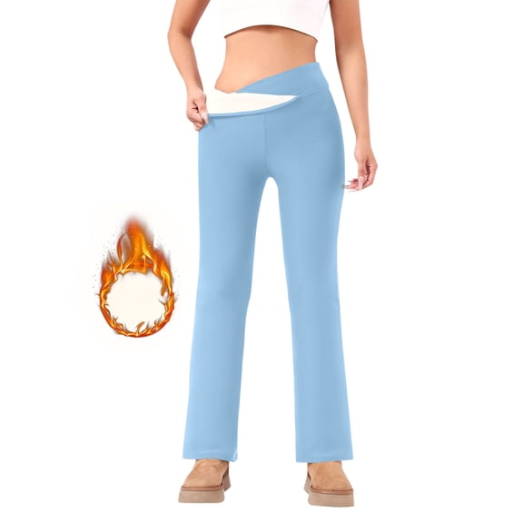 QSAWXQZ Fleece Lined Thermal Leggings for Women Solid High Waist Straight Leg Pants for Hiking Light Blue L
