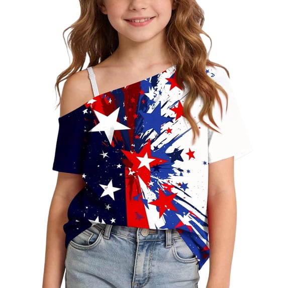 QSAWXQZ Girl's Independence Day Graphic T Shirt Short Sleeve One Shoulder Slouchy Top Casual Summer Tee 5 Years