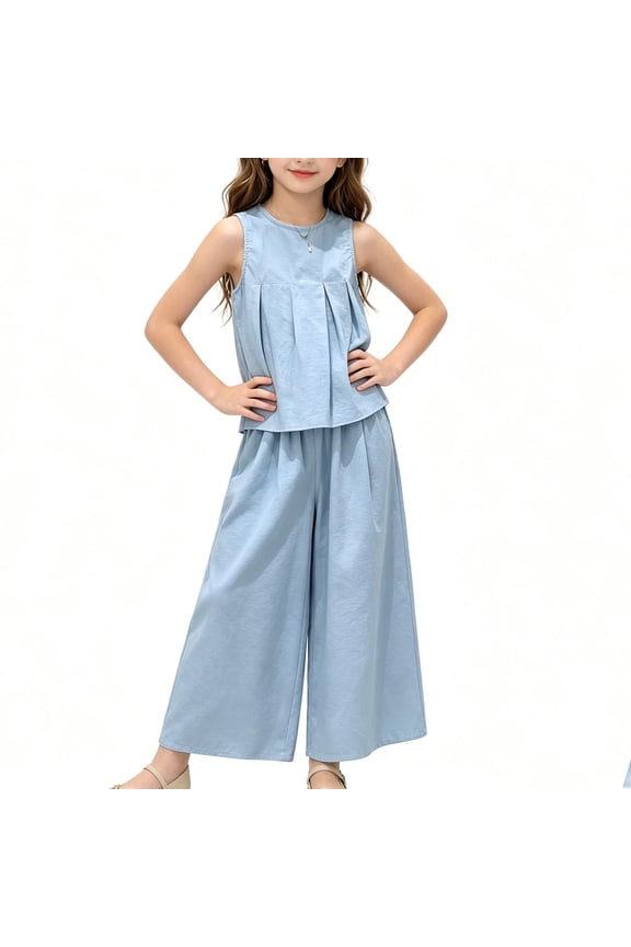 Girls' 2 PC Outfit Crew Neck Sleeveless Pleated Top Elastic Waist Wide Leg Pants Solid Lightweight Casual for Summer 3-4Years