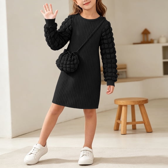 QSAWXQZ Girls 2PC Ribbed Texture Dress Bubble Puff Long Sleeve Crew Neck Mini Knit Dress with Crossbody Bag 4-5 Years