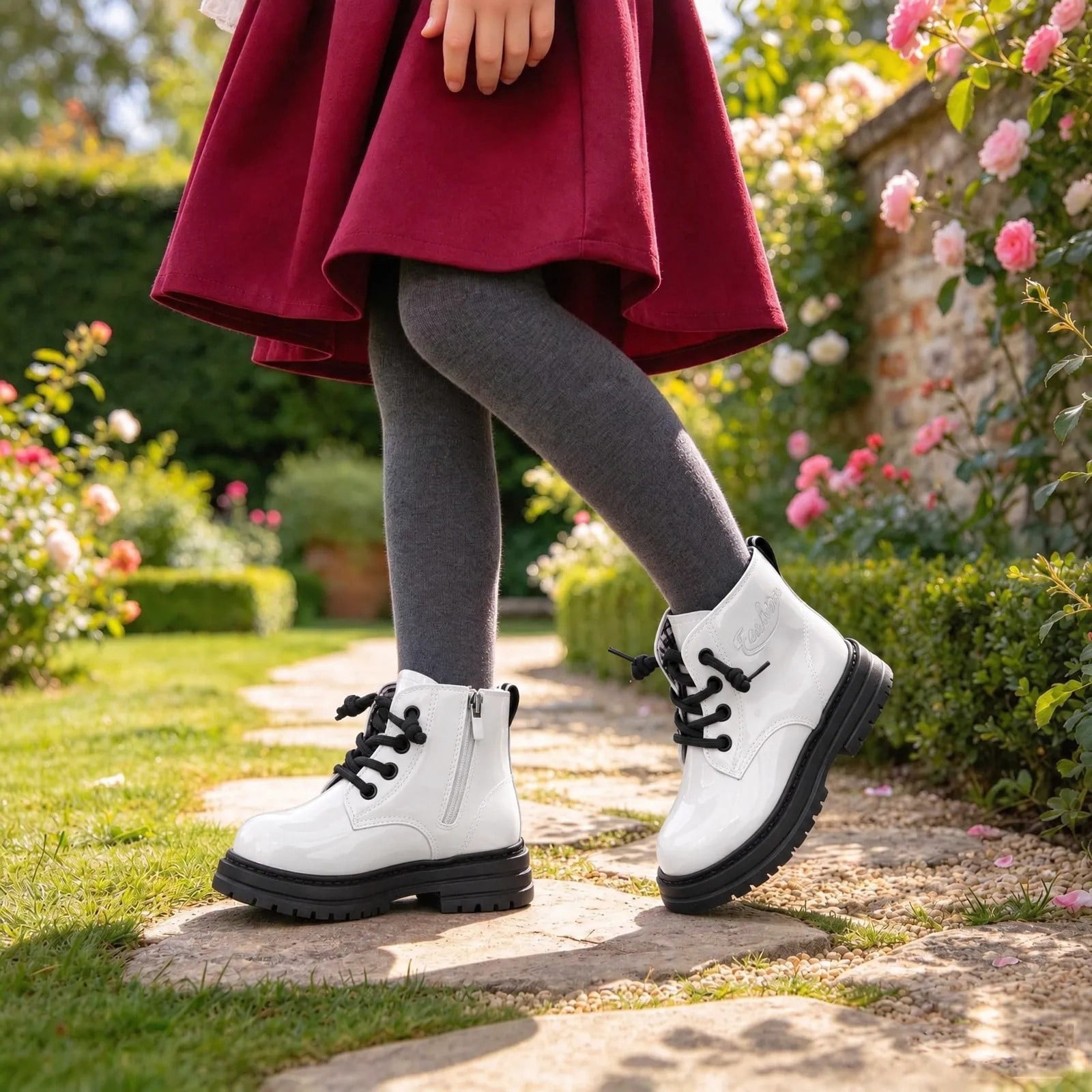 QSAWXQZ Girls' Ankle Boots Lace up Side Zip Faux Leather Patent Finish ...