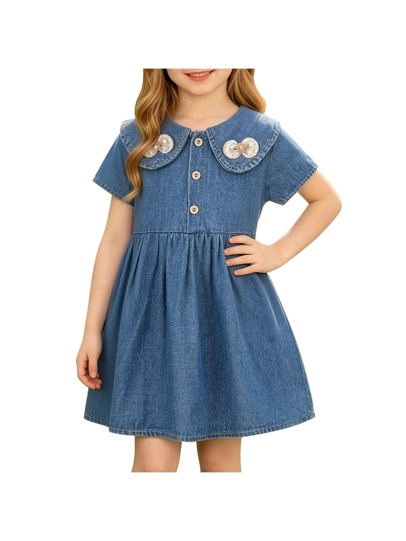 Girls' Bow Denim Midi Dress Short Sleeve Crew Neck Lapel Solid Denim Sundress Cute Outfit for Summer 18 Months
