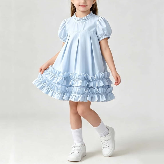 QSAWXQZ Girls Dress Short Sleeve Crew Neck Ruffle Hem a-lined Mini Dress 9-10 Years