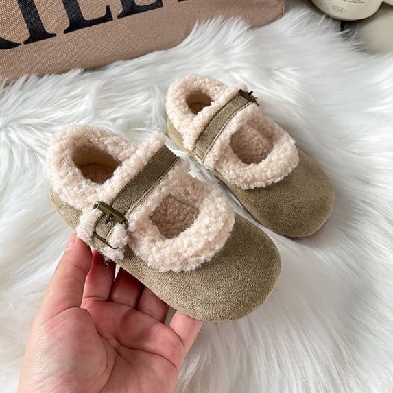 QSAWXQZ Girls' Faux Fur Lined Mary Jane Flats Winter Warm Fuzzy Shoes with Buckle Strap Round Toe Casual Flat Shoes 29