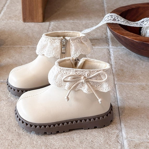 QSAWXQZ Girls Lace up Ankle Boots Ruffle Trim Ribbon Bow Chunky Sole ...