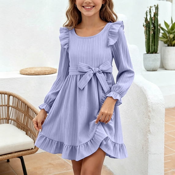 QSAWXQZ Girls' Long Sleeve Dress Crew Neck Ruffle Trim Tie Waist A Line Mini Dress for Fall Winter 5-6 Years