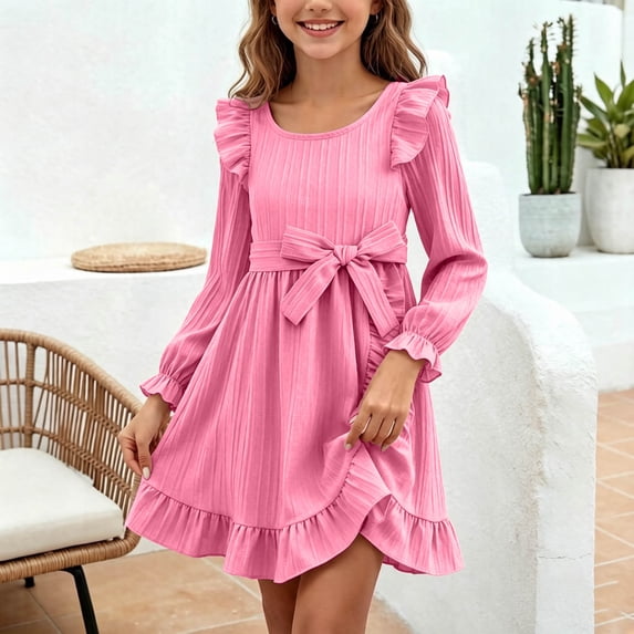 QSAWXQZ Girls' Long Sleeve Dress Crew Neck Ruffle Trim Tie Waist A Line Mini Dress for Fall Winter 9-10 Years