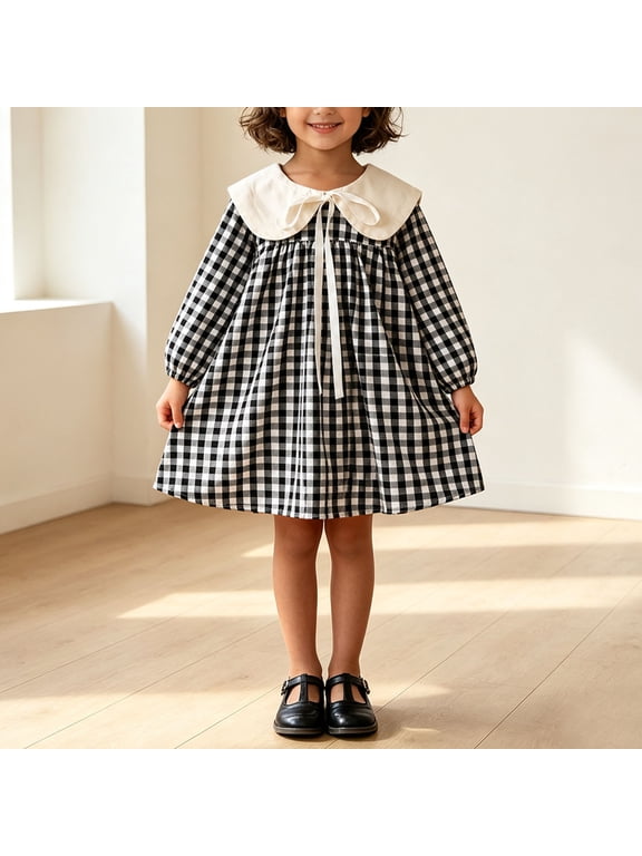 Girls Long Sleeve Gingham Dress Oversized Ruffle Collar Tie Bow A Line Mini Dress for Fall 1-2 Years