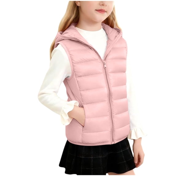 QSAWXQZ Girls' Puffer Vest Hooded Sleeveless Zip up Quilted Warm Vest with Pockets for Fall 7 Years
