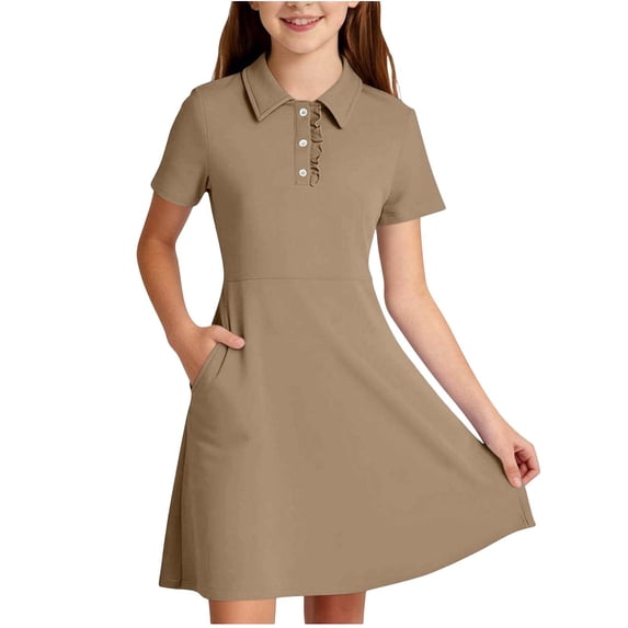 QSAWXQZ Girls' Short Sleeve Dress with Pockets Lapel Collar Quarter Button A Line Mini Dress for Casual 7-8 Years
