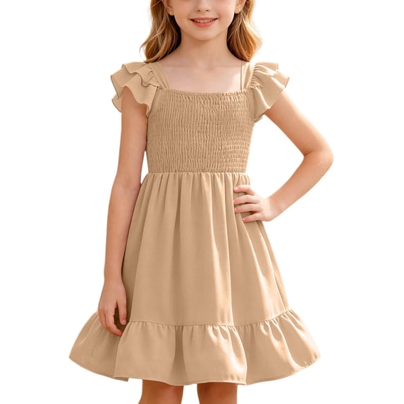 QSAWXQZ Girls' Smocked Tiered Dress Scoop Neck Flutter Cap Sleeves Solid Reffle Hem Midi Sundress Casual Outfit 13 Years