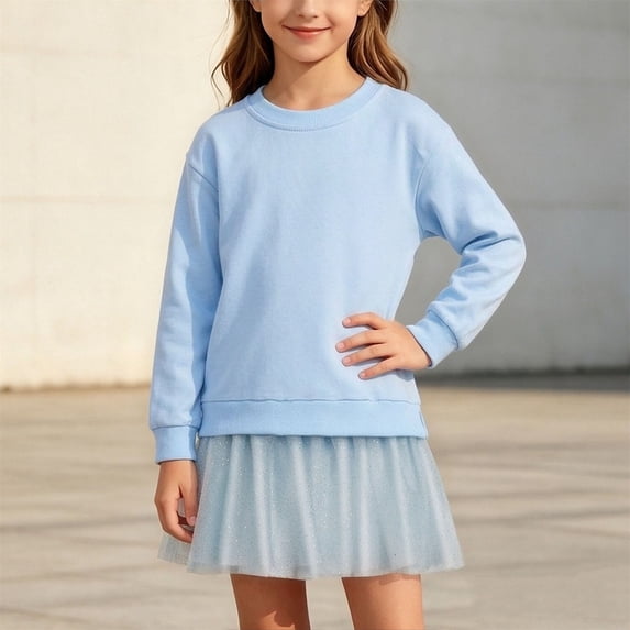 QSAWXQZ Girls Tulle Dress Long Sleeve Crew Neck Solid Sweatshirt Mini Dress 1-2 Years