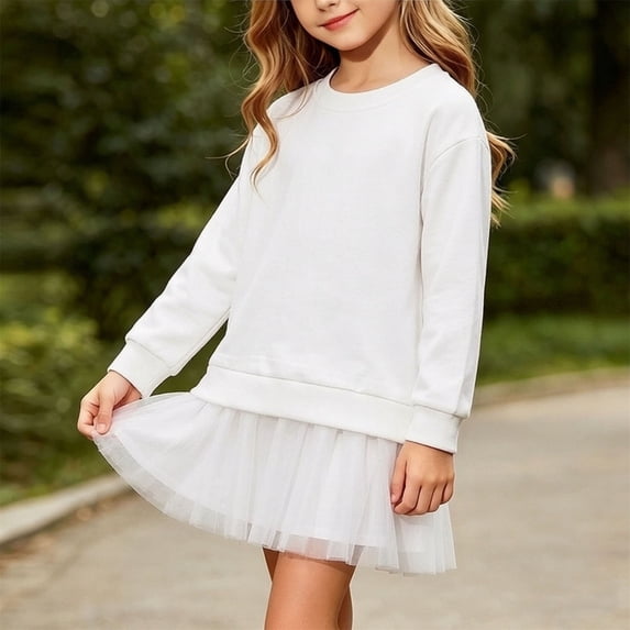 QSAWXQZ Girls Tulle Dress Long Sleeve Crew Neck Solid Sweatshirt Mini Dress 7-8 Years
