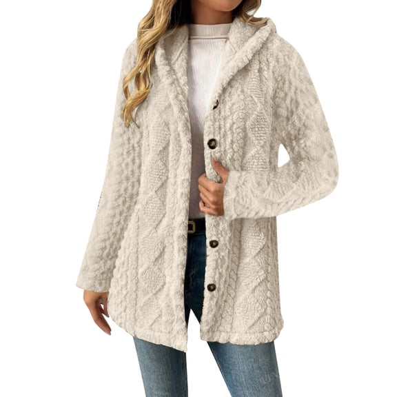 QSAWXQZ Jacquard Fuzzy Mid Length Coat for Women Long Sleeve Hooded Button Down Warm Outerwear Cardigan Jacket Beige 4XL