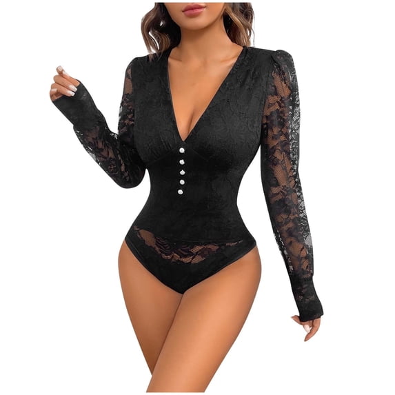 QSAWXQZ Lace Bodysuit Long Sleeve for Women Deep V Neck Going Out Shapewear Leotard Shirt Black-7 M
