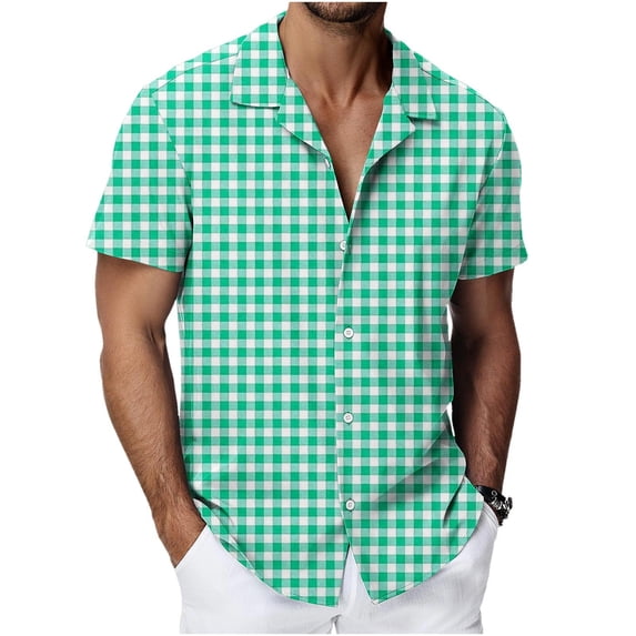 QSAWXQZ Men Button Down Shirt Plaid Short Sleeve Collared Vacation Work Shirt for Summer 3XL