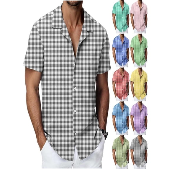 QSAWXQZ Men Button Down Shirt Plaid Short Sleeve Collared Vacation Work Shirt for Summer 4XL
