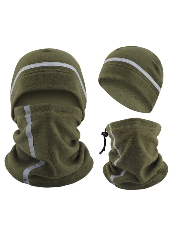 Men's 2 PC Winter Beanie Neck Gaiter Reflective Stripe Fleece Cold Weather Set Free Size