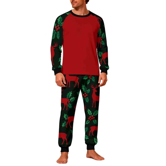 QSAWXQZ Men's 2 Piece Lounge Pajamas Set Long Sleeve Crewneck Shirt Elastic Waist Joggers Print Homewear Suit for Spring Red-1 L