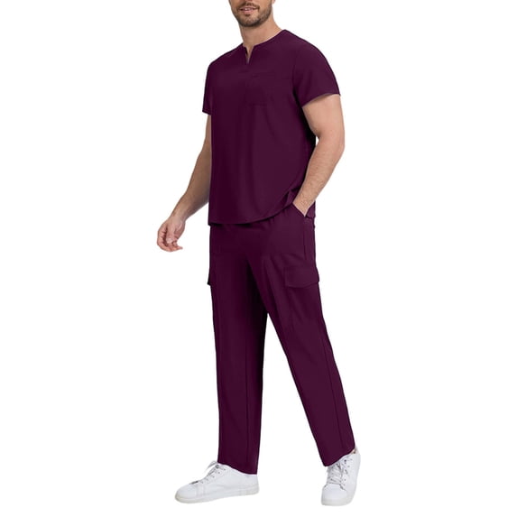 QSAWXQZ Men's 2 Piece Scrubs Set Classic V Neck Short Sleeve Pullover Shirt Top Elastic Waist Straight Leg Jogger Pants Nursing Uniform L