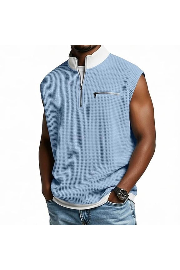 Men's 2-in-1 Thermal Tank Top Quarter Zip Stand Collar Sleeveless Chest Pocket Casual Pullover Vest XL