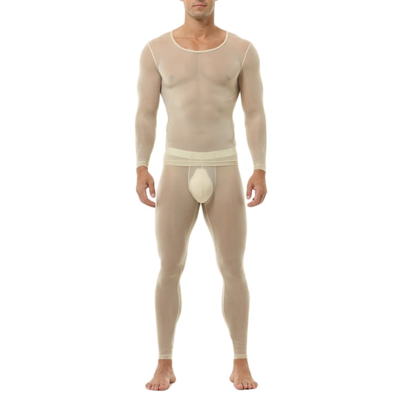 QSAWXQZ Men's 2PC Thermal Base Layer Set Quick Dry Long Sleeve Crewneck Pullover Shirt Elastic Waist Leggings Underwear for Workout Beige 2XL