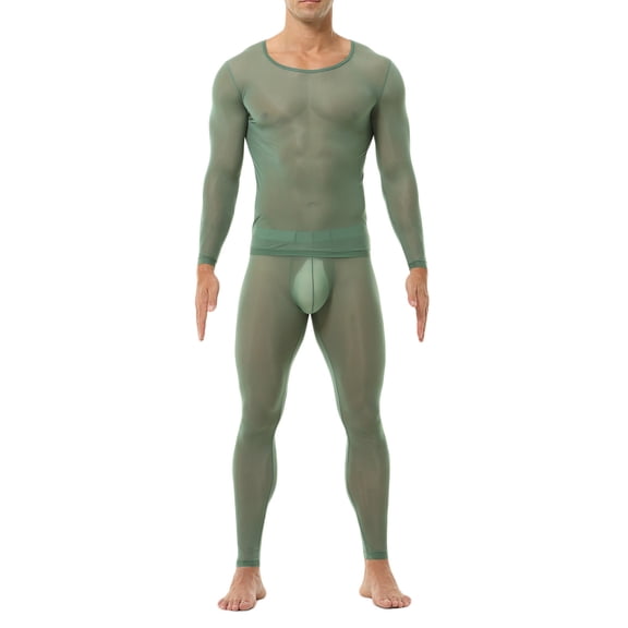 QSAWXQZ Men's 2PC Thermal Base Layer Set Quick Dry Long Sleeve Crewneck Pullover Shirt Elastic Waist Leggings Underwear for Workout Green XL