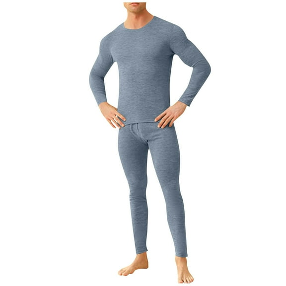 QSAWXQZ Men's 2PC Thermal Base Layer Suit Long Sleeve Crewneck Pullover Shirt Full Length Botton Underwear Set for Cold Blue 3XL