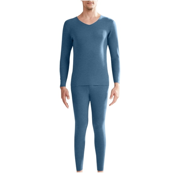 QSAWXQZ Men's 2PC Thermal Long Underwear Top and Pants Set V Neck Long Sleeve Seamless Stretch Base Layer 2XL