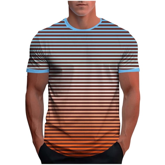 QSAWXQZ Men's Athleisure Striped T Shirt Stretchy Short Sleeve Crew Neck Pullover Summer Top for Workout Orange L