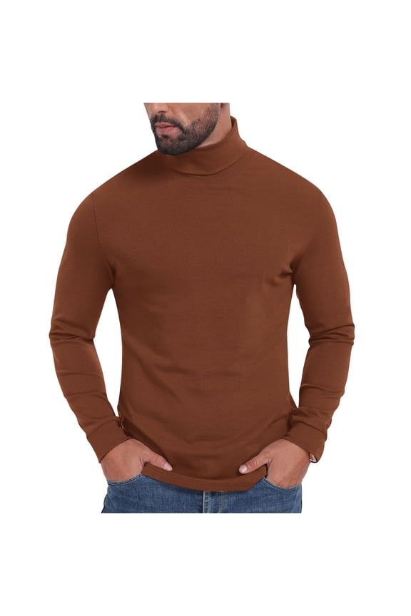 Men's Base Layer Shirt Long Sleeve Turtleneck Solid Pullover Tops Brown S
