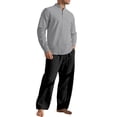 thumbnail image 1 of QSAWXQZ Men's Breathable Cotton Linen 2 Piece Outfit Set with Long Sleeve Button Mock Neck Shirt and Drawstring Elastic Waist Wide Leg Pants Lightweight Suit for Summer S, 1 of 4