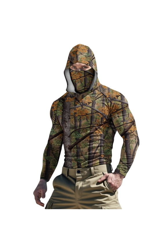 Men's Camo Fishing Hoodie with Built-in Face Mask UPF 50+ Long Sleeve Ice Silk Sun Protection Shirt Quick Dry Hunting Tee L