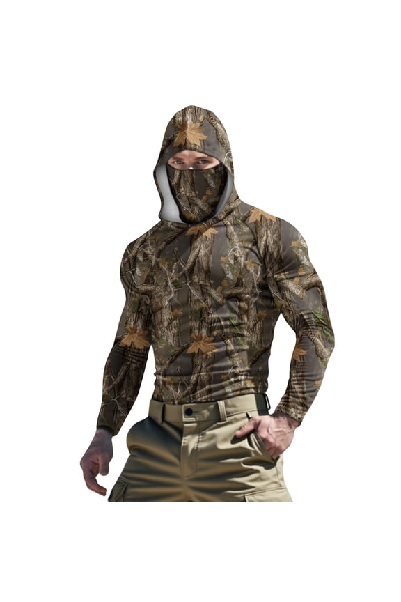 Men's Camo Fishing Hoodie with Built-in Face Mask UPF 50+ Long Sleeve Ice Silk Sun Protection Shirt Quick Dry Hunting Tee M