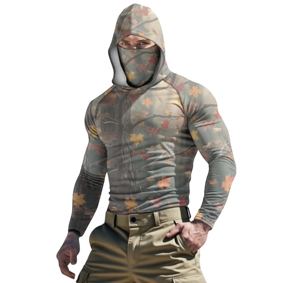 QSAWXQZ Men's Camo Fishing Hoodie with Built-in Face Mask UPF 50+ Long Sleeve Ice Silk Sun Protection Shirt Quick Dry Hunting Tee S
