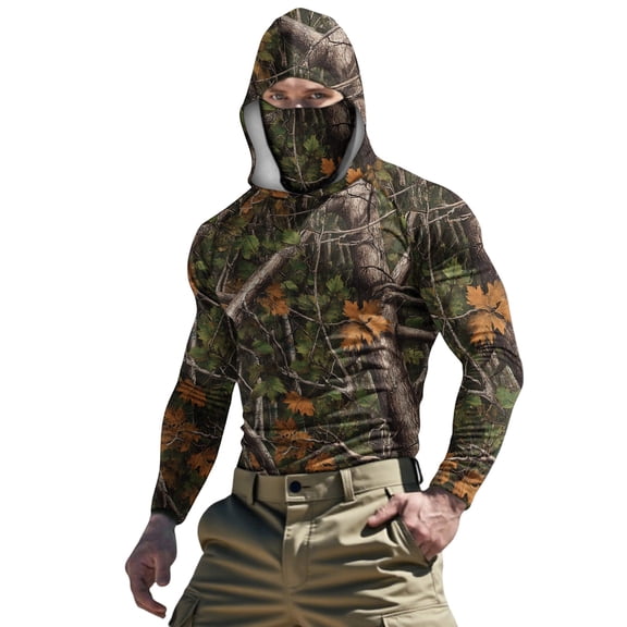 QSAWXQZ Men's Camo Fishing Hoodie with Built-in Face Mask UPF 50+ Long Sleeve Ice Silk Sun Protection Shirt Quick Dry Hunting Tee S
