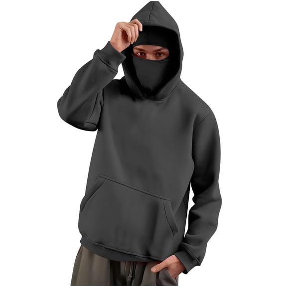 QSAWXQZ Men's Cargo Hoodie Built in Face Mask Long Sleeve Warm Pullover Sweatshirt with Pockets Dark Gray M