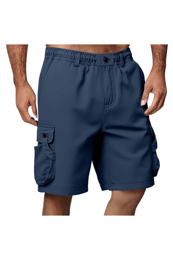 Men's Cargo Shorts with Pockets Button Flap Elastic Waist Button Fly Solid Straight Loose Bermuda for Hiking Camping Navy 3XL