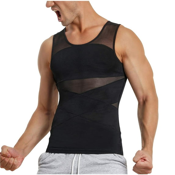 QSAWXQZ Men's Compression Shirt Slimming Body Shaper Sleeveless Crew Neck Tummy Control Workout Tank Top Undershirt L