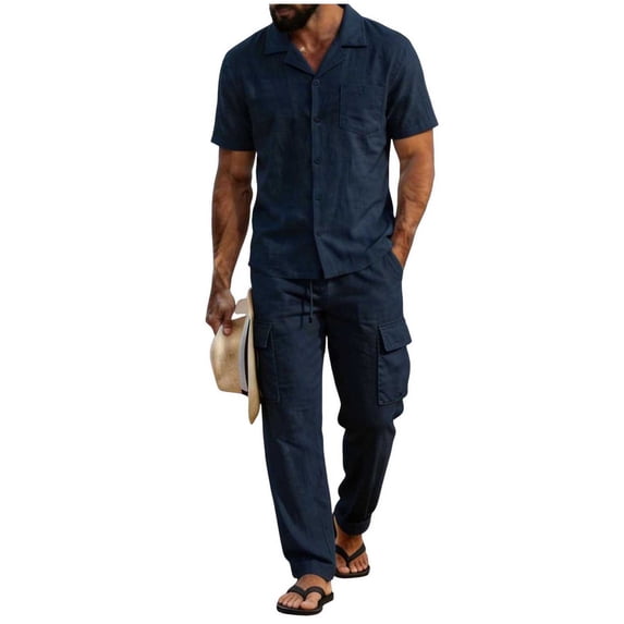 QSAWXQZ Men's Cotton 2PC Pants Set Lapel Short Sleeves Button Down Shirt Elastic Waist Cargo Pants with Pockets Casual Outfit Lightweight for Summer 2XL