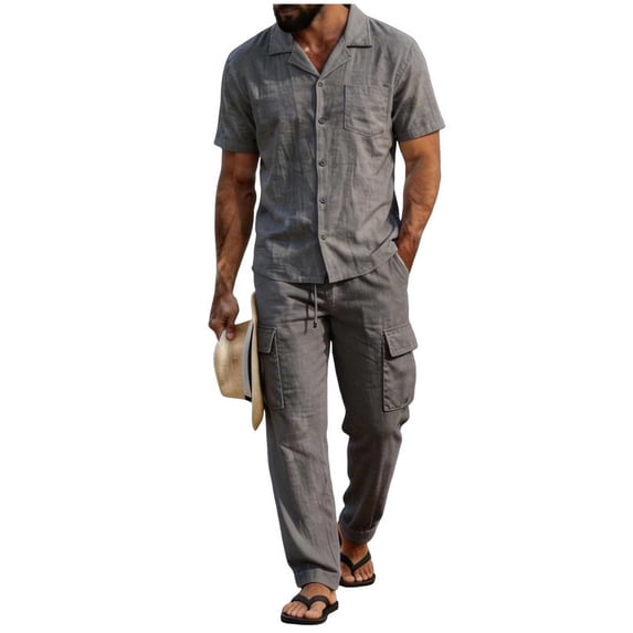 QSAWXQZ Men's Cotton 2PC Pants Set Lapel Short Sleeves Button Down Shirt Elastic Waist Cargo Pants with Pockets Casual Outfit Lightweight for Summer 3XL