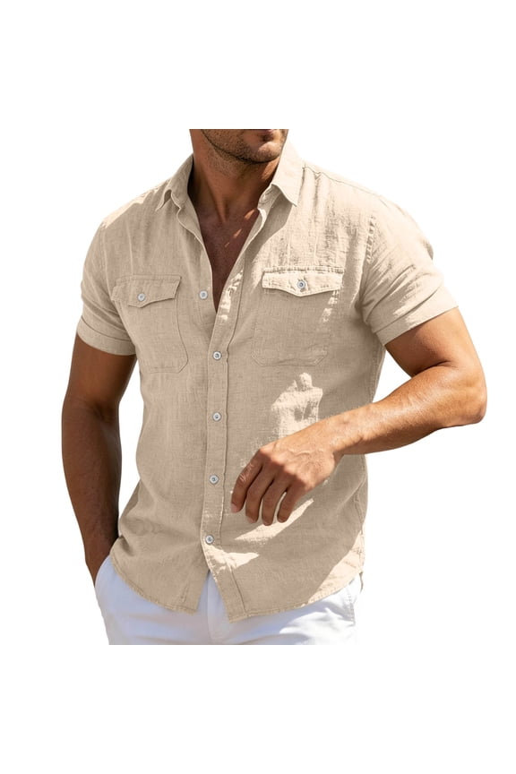 Men's Cotton Linen Button Down Shirt Collared Short Sleeve Shirt with Pockets 3XL