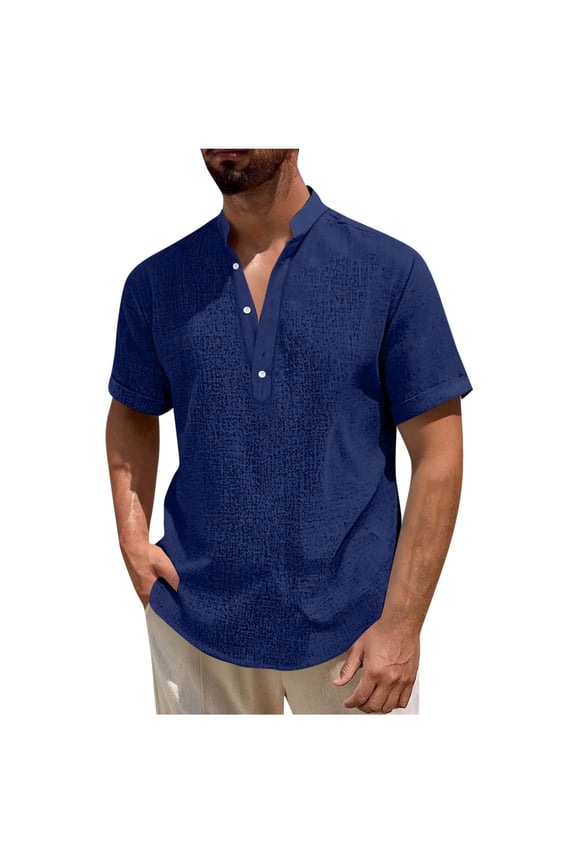 Men's Cotton Linen Shirt Short Sleeve Solid Quarter Button Mock Neck Casual Pullover Top for Beach Summer Vacation Blue 5XL