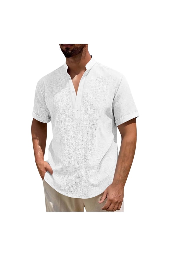 Men's Cotton Linen Shirt Short Sleeve Solid Quarter Button Mock Neck Casual Pullover Top for Beach Summer Vacation White L
