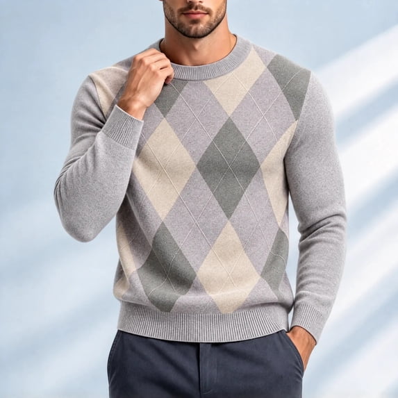 QSAWXQZ Men's Crewneck Sweater Long Sleeve Argyle Jacquard Pullover Knit Top 2XL