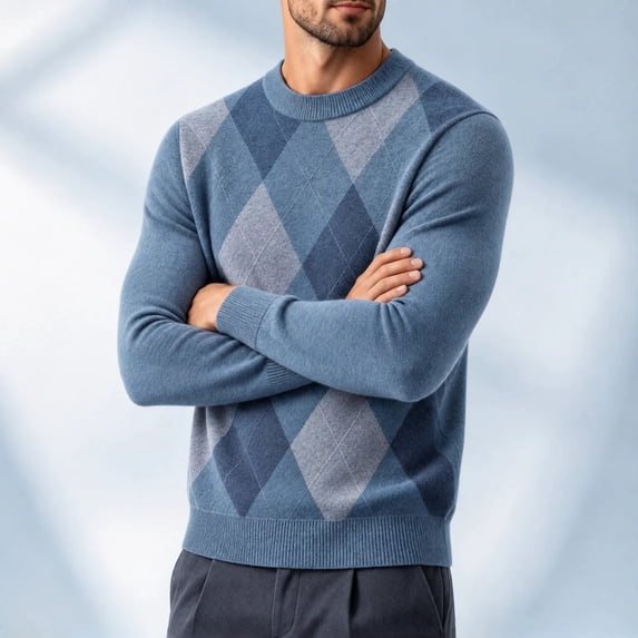 QSAWXQZ Men's Crewneck Sweater Long Sleeve Argyle Jacquard Pullover Knit Top XL