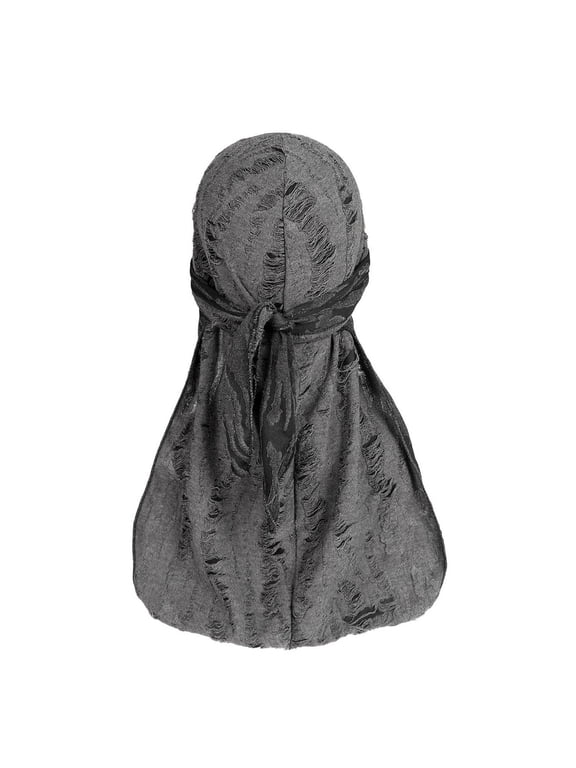 Men's Distressed Long Tail Durag Texture Headwrap Pirate Cap for Dance Motorcycling and Daily Streetwear Dark Gray Free Size