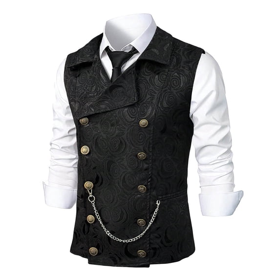 QSAWXQZ Men's Double Breasted Jacquard Vest Sleeveless Lapel Collar V Neck Waistcoat with Chain for Wedding Prom S