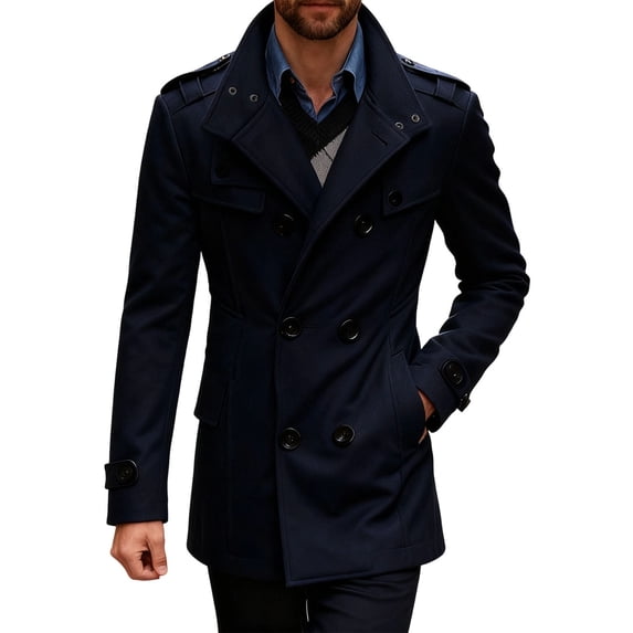 QSAWXQZ Men's Double Breasted Woolen Overcoat Long Sleeve Stand Collar Mid Length Outerwear with Pockets Navy 2XL