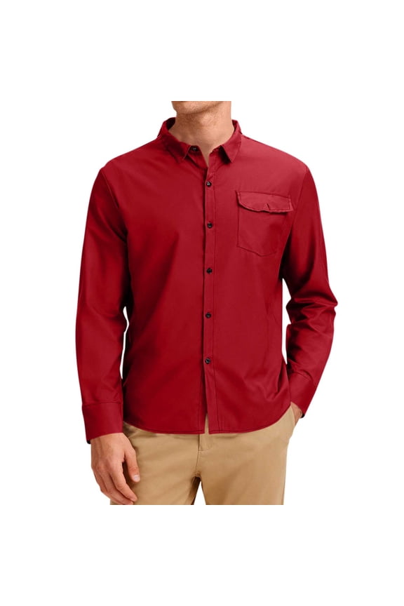 Men's Dress Shirt with Pocket Long Sleeve Lapel Collar Button Down Solid Cardigan Top for Spring Red S
